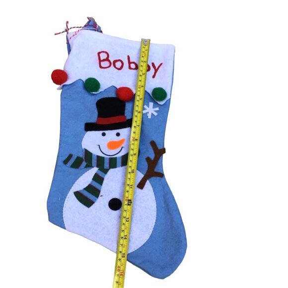 BLUE/WHITE SNOWMAN CHRISTMAS STOCKING "BOBBY" EMBELLISHED ON TOP SIZE-16" - Picture 1 of 4